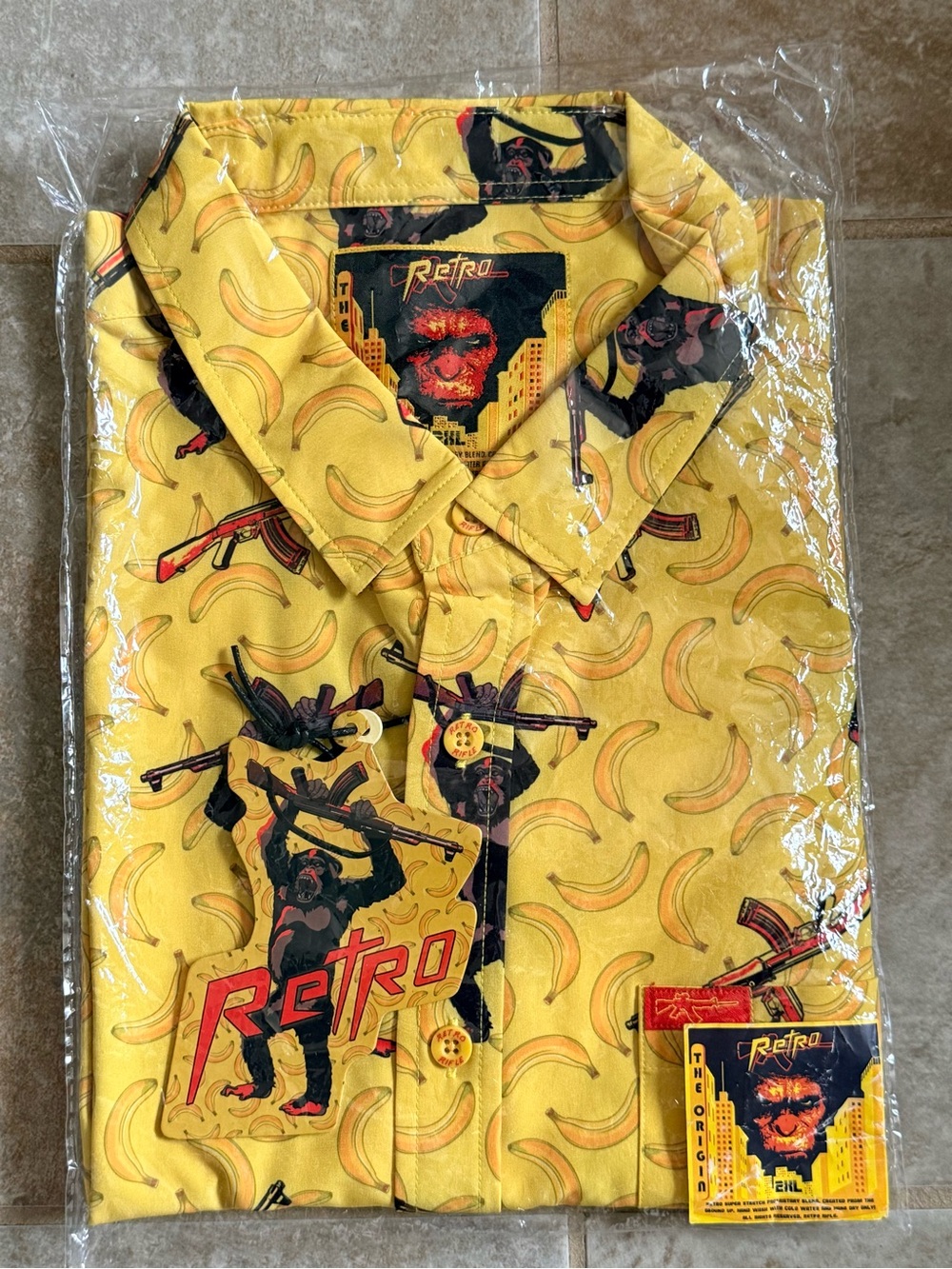 Retro Rifle Origin 2XL Men's Yellow Chimpanzee Printed Button-Up Shirt